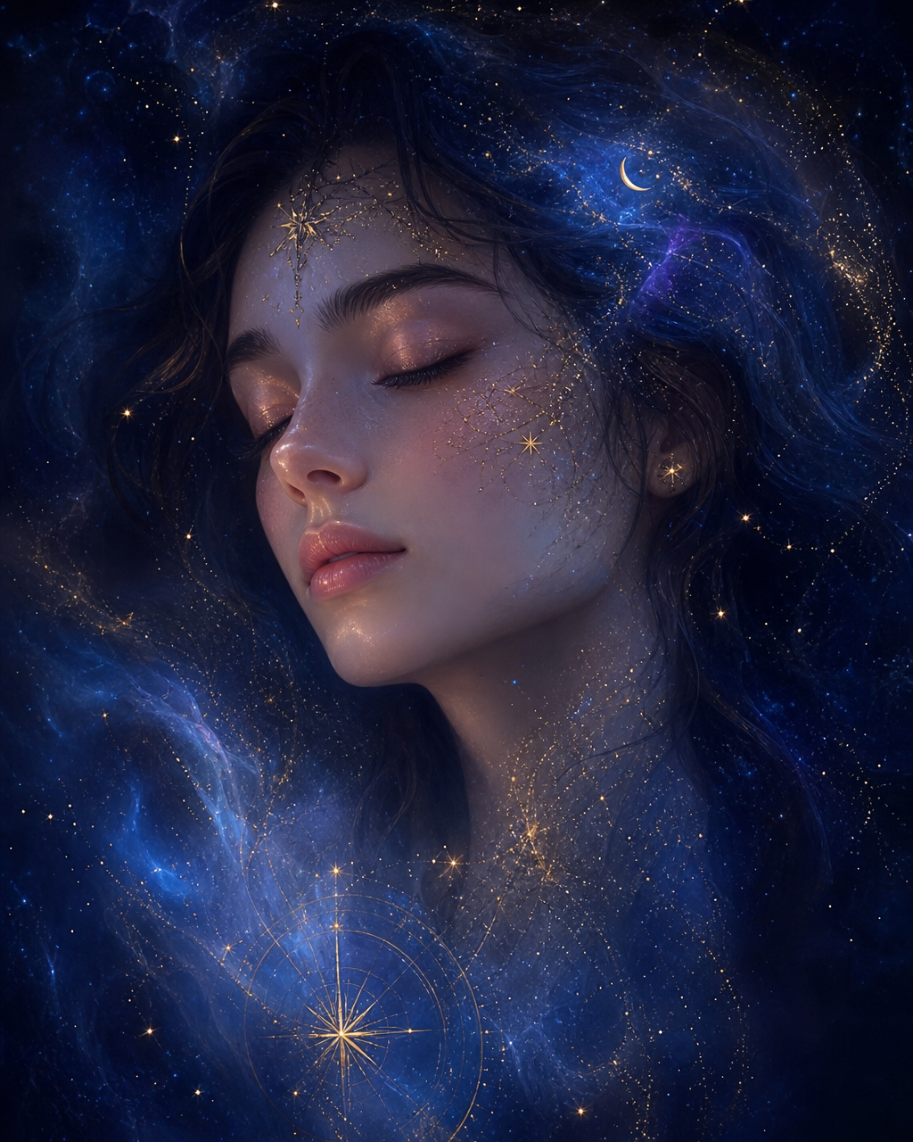 Ethereal soulmate portrait emerging from a cosmic nebula